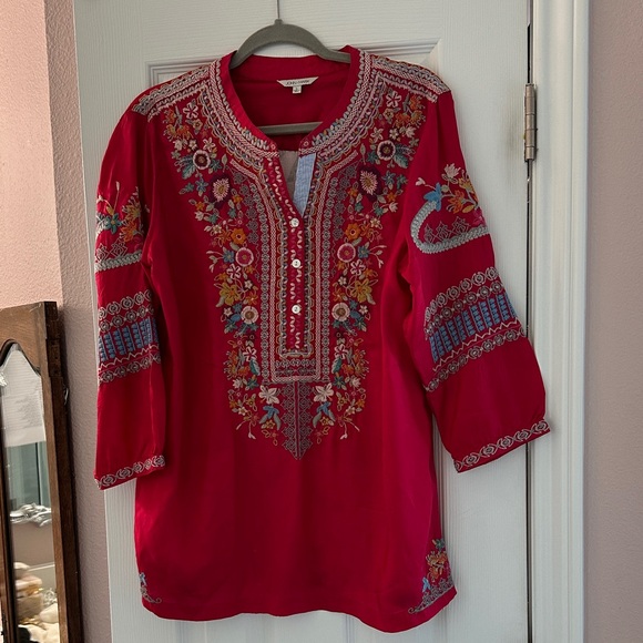 John Mark Tops - John Mark Vibrant Red Embroidered Tunic